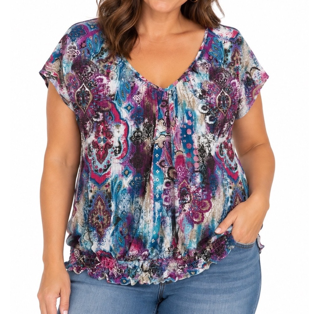 No Boundaries Womens 1X Purple Paisley Crochet Back Smocked Hem Blouse N28507WI